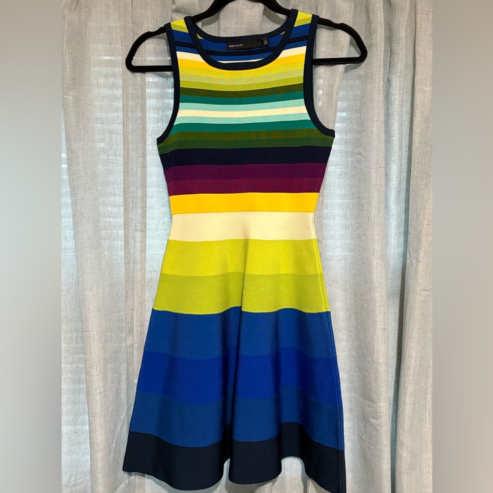 Karen Millen Rainbow Stripe Limited Edition knit dress featuring fit-and-flare